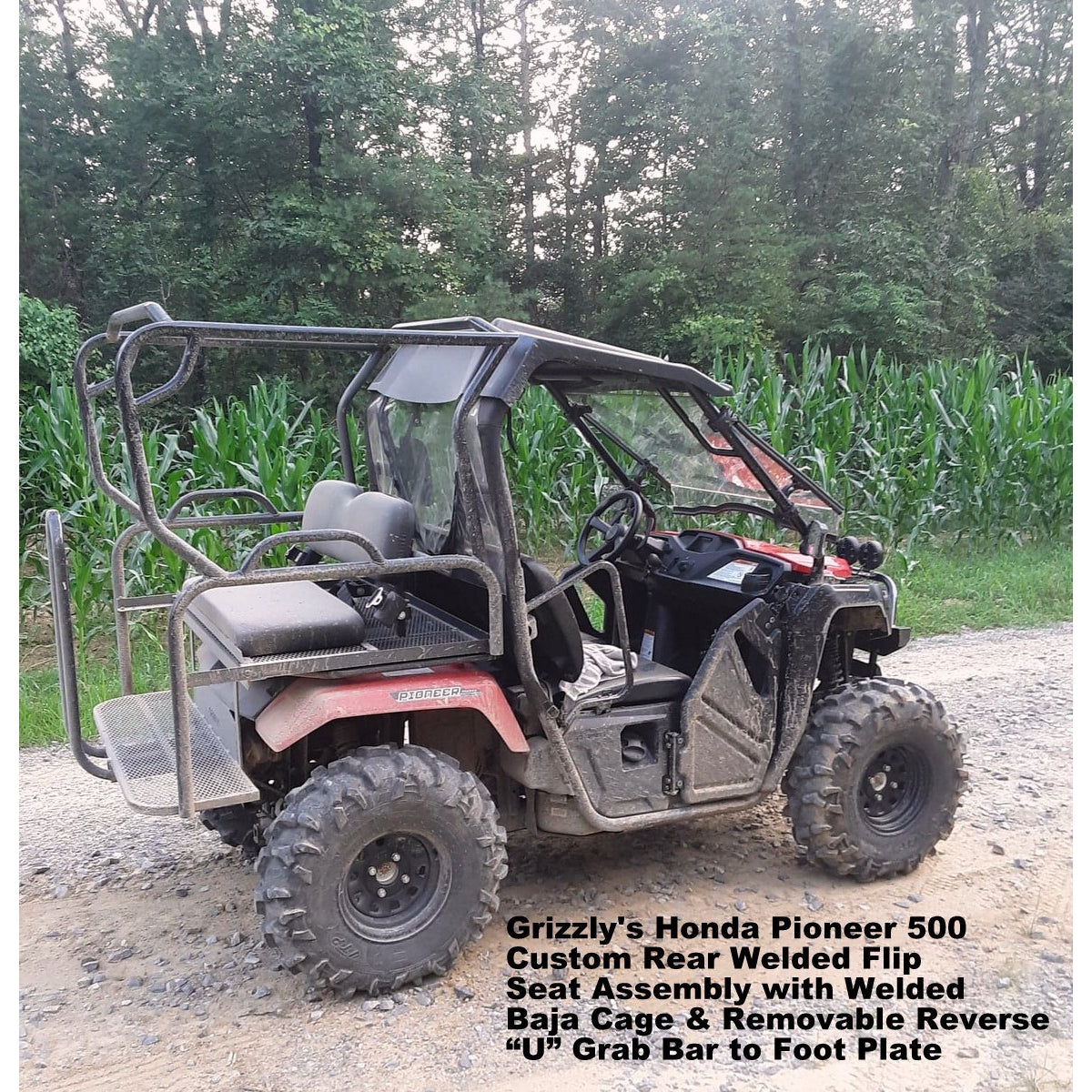 Honda Pioneer 500 CUSTOM EXCLUSIVE USA REAR WELDED FLIP SEAT ASSEMBLY WITH WELDED BAJA CAGE-W/Cargo Storage Area; Heat Shield, Black Cushion Set; Upper Grab Bars! 13 Ga Expanded Flat/Smooth Sheet Metal - Heavy Duty-Other Custom Options Available