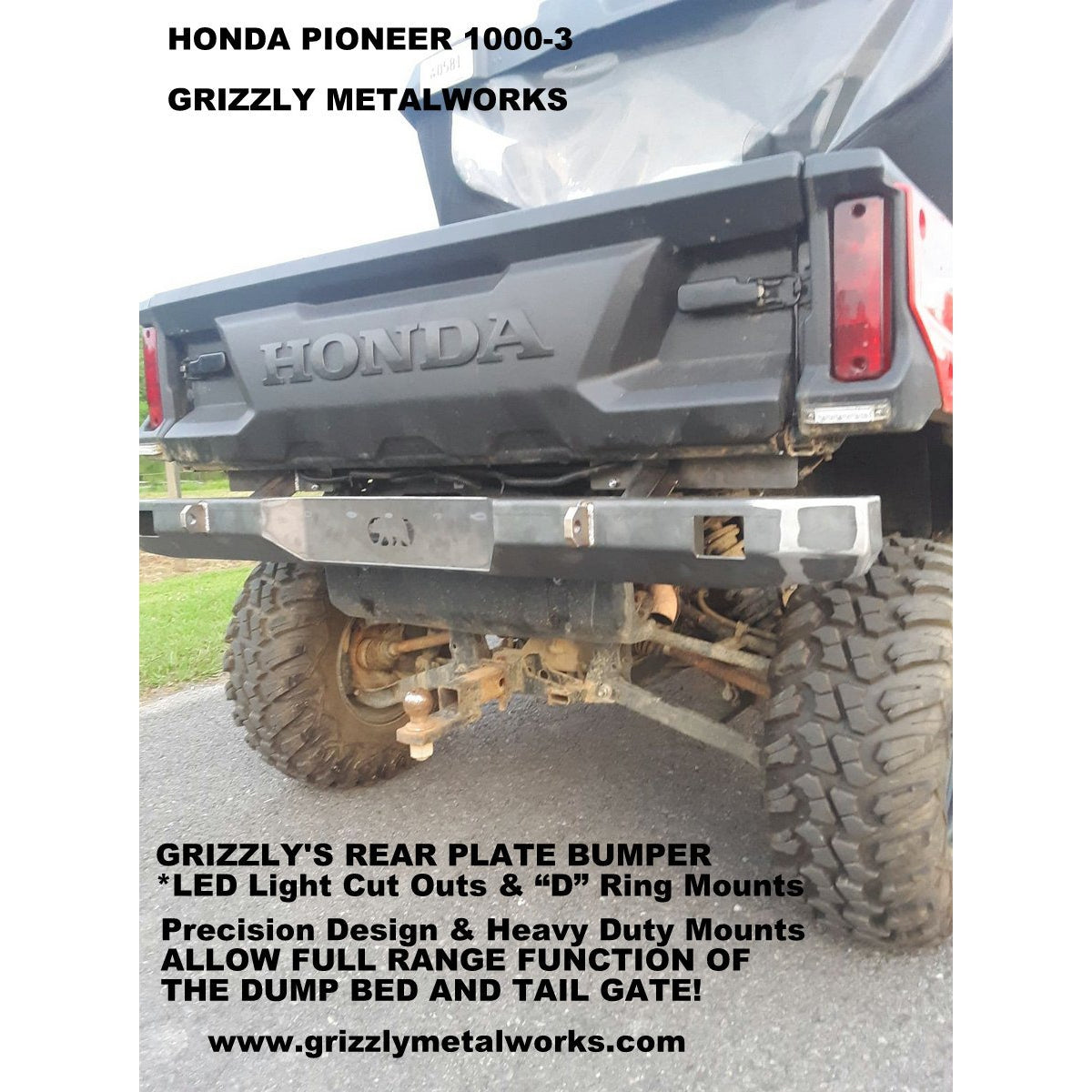 Honda Pioneer 1000-3 CUSTOM USA REAR PLATE BUMPER WITH "D" RING MOUNTS & LIGHT CUT OUTS-ALLOWS FULL FUNCTION OF DUMP FEATURE & TAIL GATE OPENING