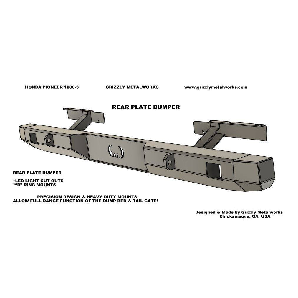 Honda Pioneer 1000-3 CUSTOM USA REAR PLATE BUMPER WITH "D" RING MOUNTS & LIGHT CUT OUTS-ALLOWS FULL FUNCTION OF DUMP FEATURE & TAIL GATE OPENING