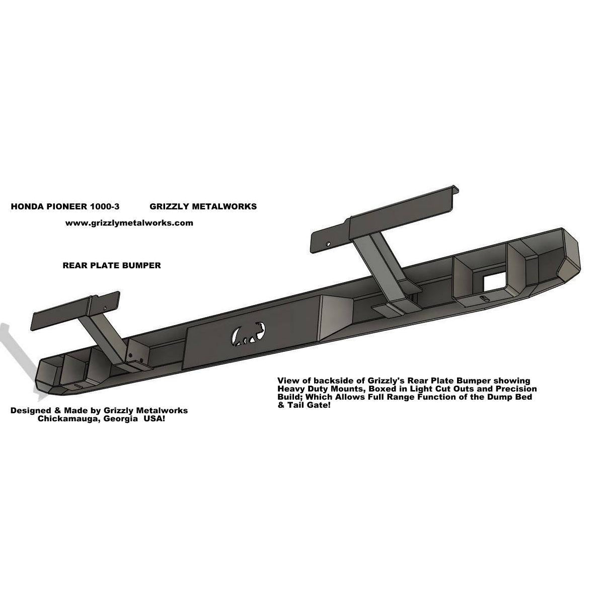 Honda Pioneer 1000-3 CUSTOM USA REAR PLATE BUMPER WITH "D" RING MOUNTS & LIGHT CUT OUTS-ALLOWS FULL FUNCTION OF DUMP FEATURE & TAIL GATE OPENING