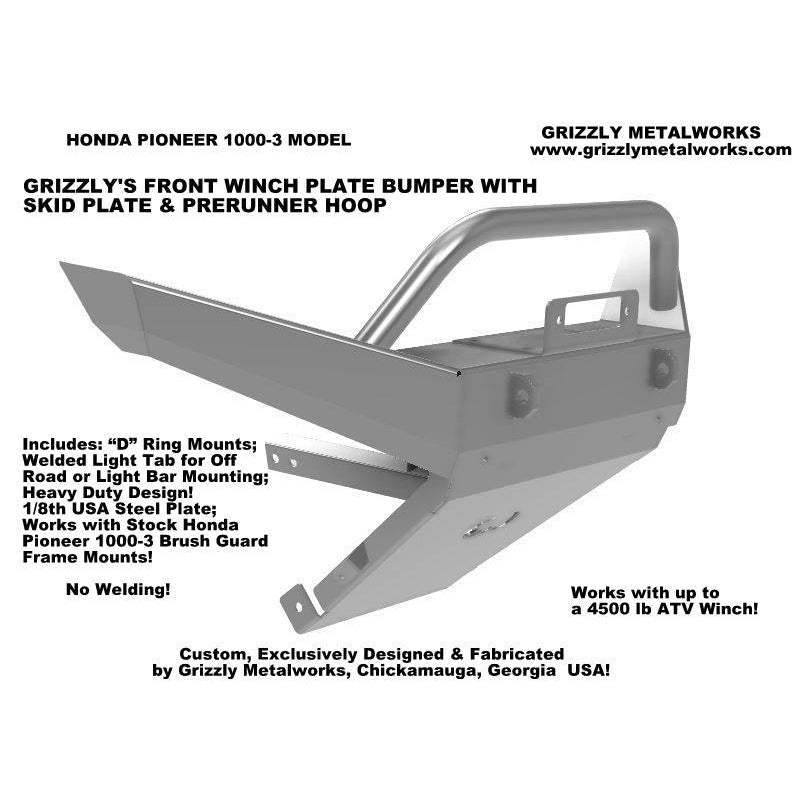 Honda Pioneer 1000-3 CUSTOM USA FRONT WINCH PLATE BUMPER & SKID PLATE W/"D" RING MOUNTS,  PRE-RUNNER HOOP, WORKS WITH UP TO A 4500 LB WINCH!