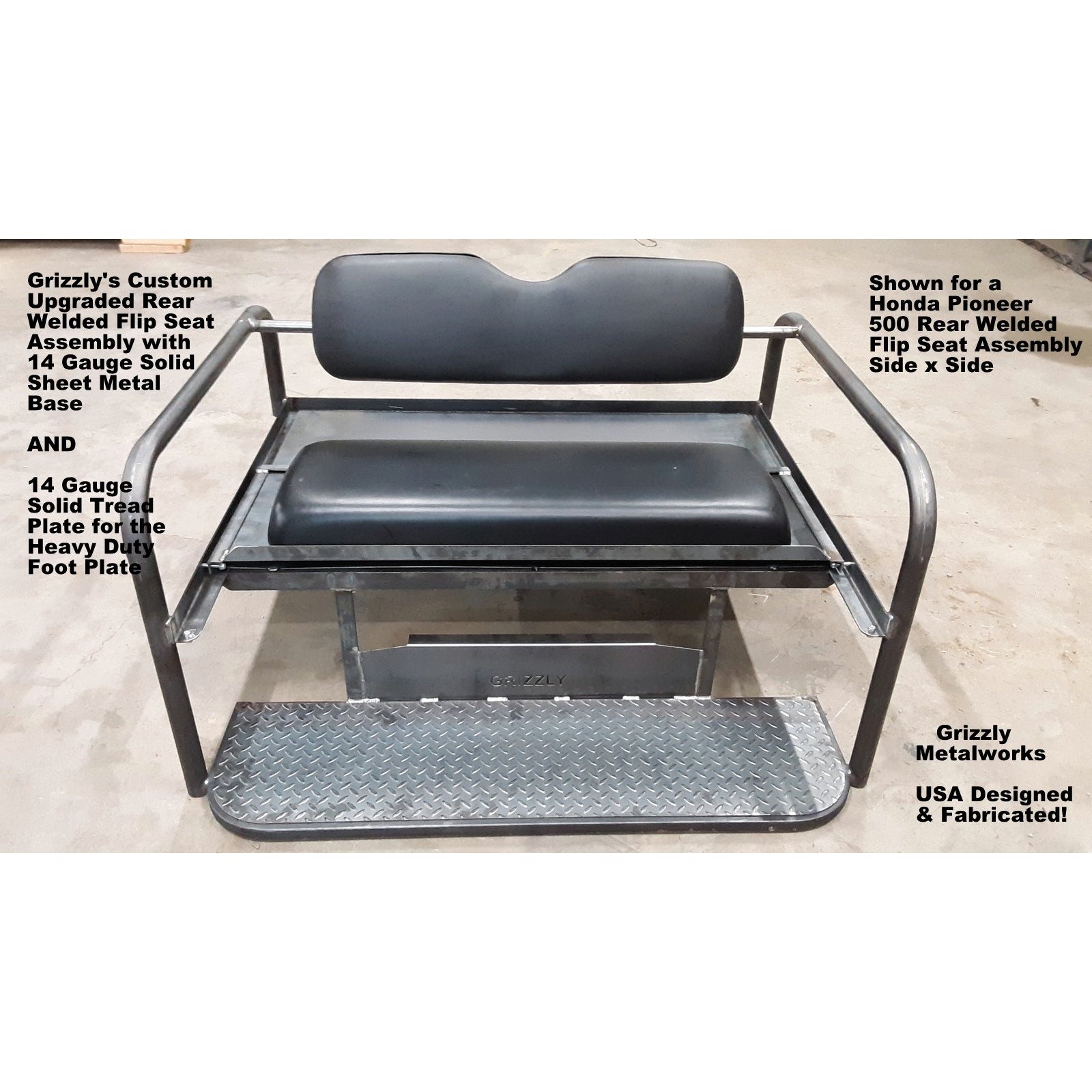 Polaris Ranger MID SIZE 500/570 CUSTOM USA REAR WELDED FLIP SEAT ASSEMBLY Raw Metal -13 GA Exp. Sheet Metal, Heavy Duty - Includes Rear Cargo/Gear Area & Heat Shield-OPTIONS: Seat Belts; Custom Heavy Duty 2" Receiver & More