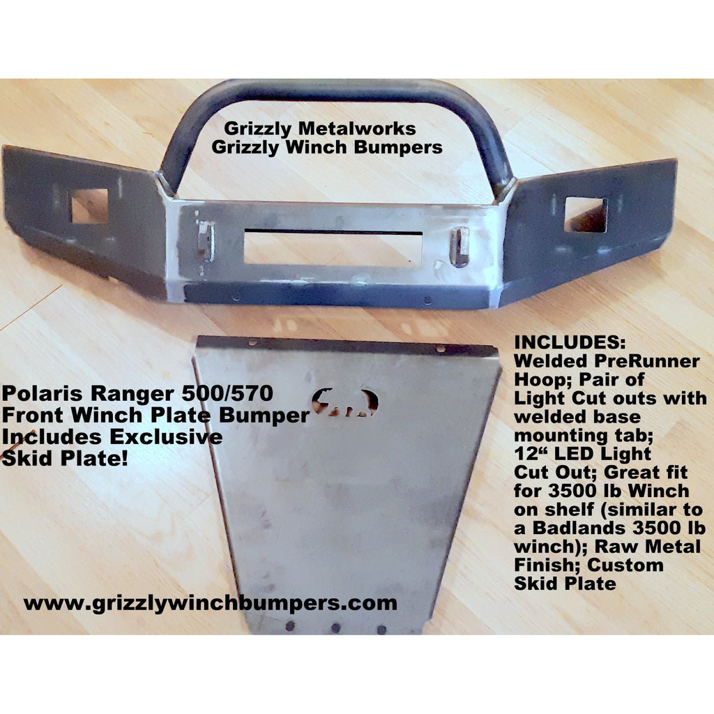 Polaris Ranger 500/570 Midsize CUSTOM USA FRONT WINCH PLATE BUMPER Brush Guard with Skid Plate W/Light Cut outs & "D" Ring Mounts