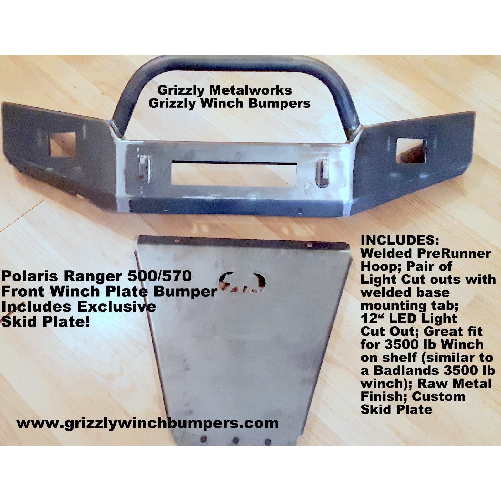 Polaris Ranger 500/570 Midsize CUSTOM USA FRONT WINCH PLATE BUMPER Brush Guard with Skid Plate W/Light Cut outs & "D" Ring Mounts