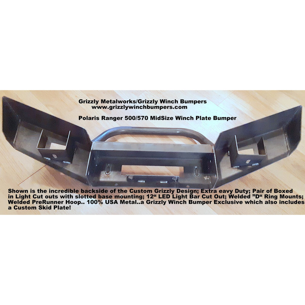 Polaris Ranger 500/570 Midsize CUSTOM USA FRONT WINCH PLATE BUMPER Brush Guard with Skid Plate W/Light Cut outs & "D" Ring Mounts