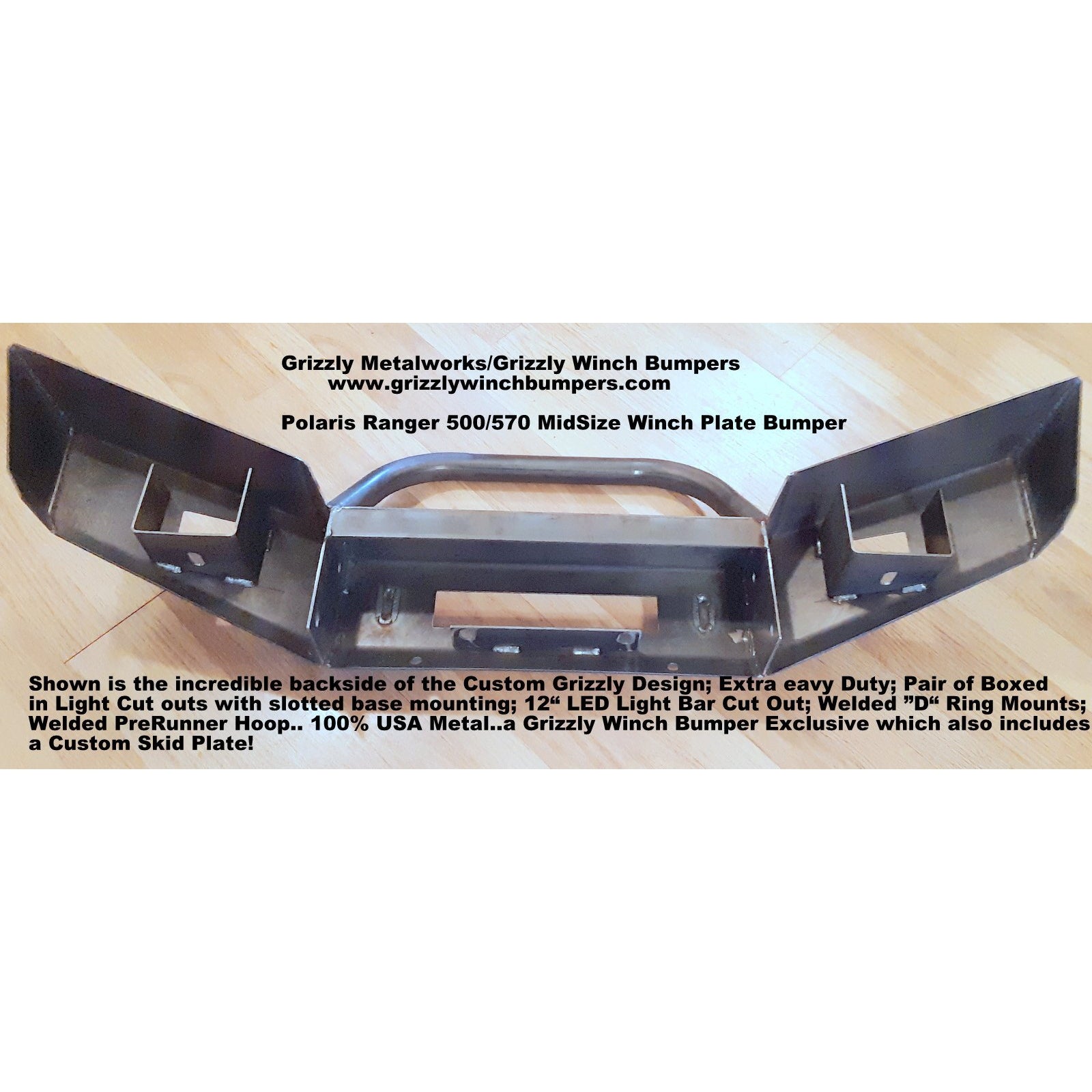 Polaris Ranger 500/570 Midsize CUSTOM USA FRONT WINCH PLATE BUMPER Brush Guard with Skid Plate W/Light Cut outs & "D" Ring Mounts