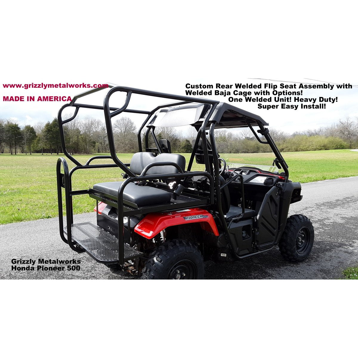 Honda Pioneer 500 CUSTOM EXCLUSIVE USA REAR WELDED FLIP SEAT ASSEMBLY WITH WELDED BAJA CAGE-W/Cargo Storage Area; Heat Shield, Black Cushion Set; Upper Grab Bars! 13 Ga Expanded Flat/Smooth Sheet Metal - Heavy Duty-Other Custom Options Available