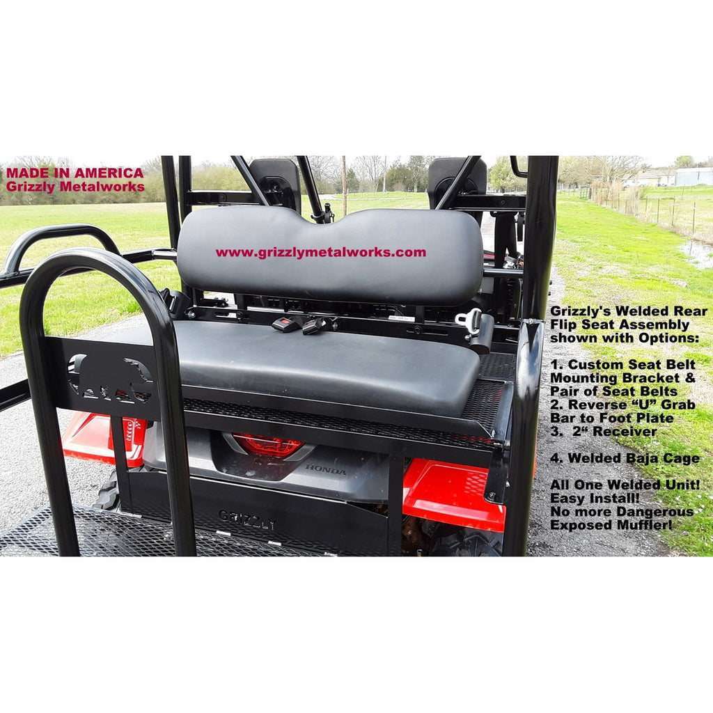 Honda Pioneer 500 CUSTOM EXCLUSIVE USA REAR WELDED FLIP SEAT ASSEMBLY WITH WELDED BAJA CAGE-W/Cargo Storage Area; Heat Shield, Black Cushion Set; Upper Grab Bars! 13 Ga Expanded Flat/Smooth Sheet Metal - Heavy Duty-Other Custom Options Available