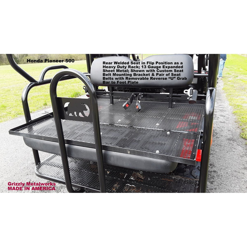 Honda Pioneer 500 CUSTOM EXCLUSIVE USA REAR WELDED FLIP SEAT ASSEMBLY WITH WELDED BAJA CAGE-W/Cargo Storage Area; Heat Shield, Black Cushion Set; Upper Grab Bars! 13 Ga Expanded Flat/Smooth Sheet Metal - Heavy Duty-Other Custom Options Available