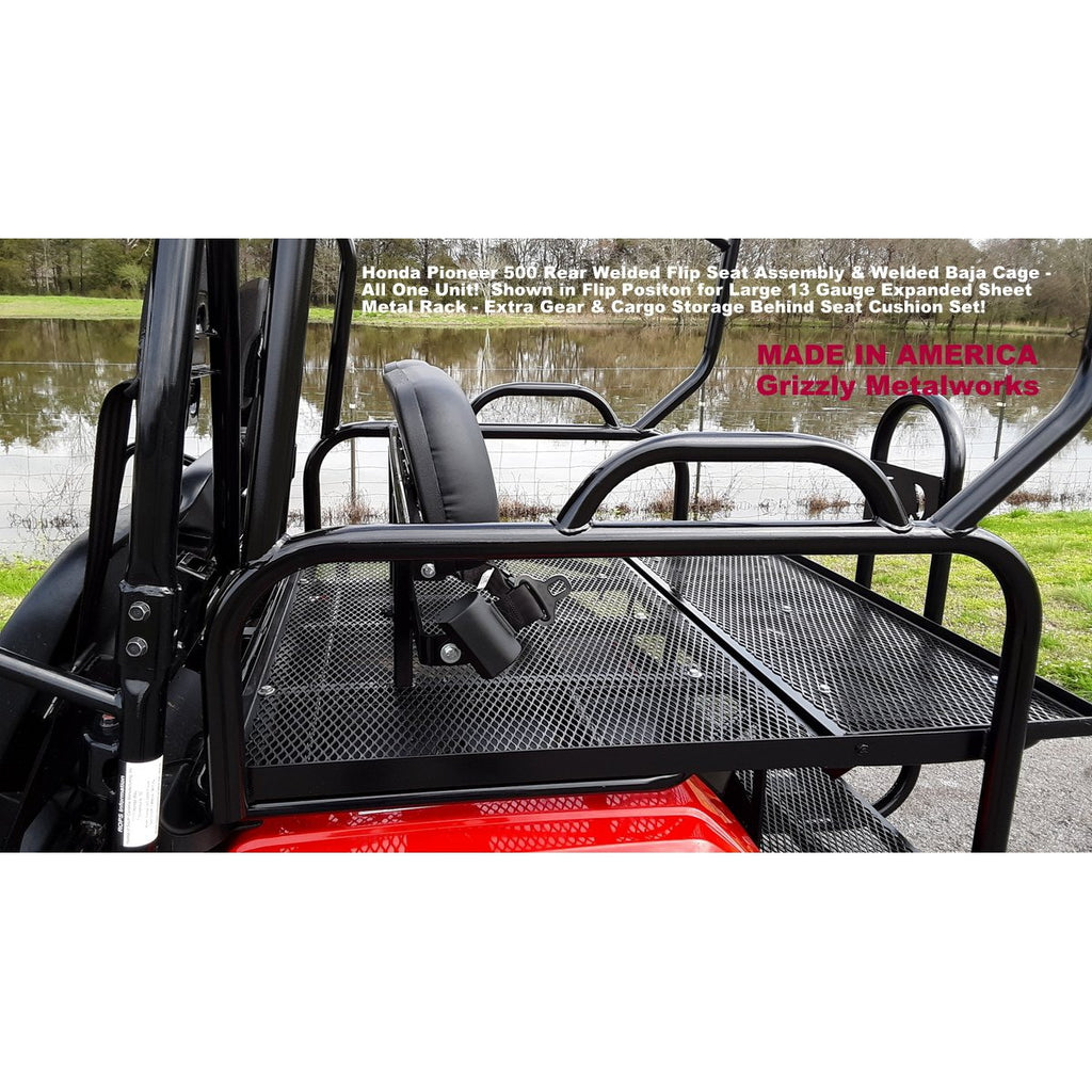 Honda Pioneer 500 CUSTOM EXCLUSIVE USA REAR WELDED FLIP SEAT ASSEMBLY WITH WELDED BAJA CAGE-W/Cargo Storage Area; Heat Shield, Black Cushion Set; Upper Grab Bars! 13 Ga Expanded Flat/Smooth Sheet Metal - Heavy Duty-Other Custom Options Available