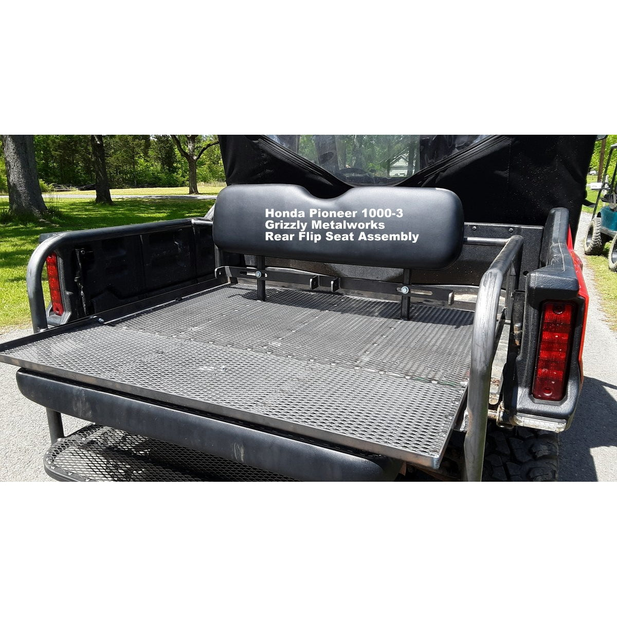 Honda Pioneer 1000-3 CUSTOM USA REAR WELDED FLIP SEAT ASSEMBLY Raw Metal, Includes Heat Shield - New Black Seat Cushion Set - 13 Ga Expanded Smooth Sheet Metal - ADD'L OPTIONS AVAILABLE Raw Metal Only