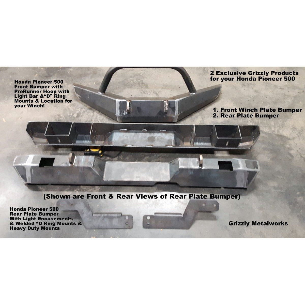 Honda Pioneer 500 CUSTOM USA FRONT WINCH PLATE BUMPER INCLUDES PreRunner Hoop; 2 "D" Ring Mounts & Welded Light Tab for Light Bar or Off Road Light Install-Price Includes Shipping-FedEx Ground-Lower 48 States - Raw Metal