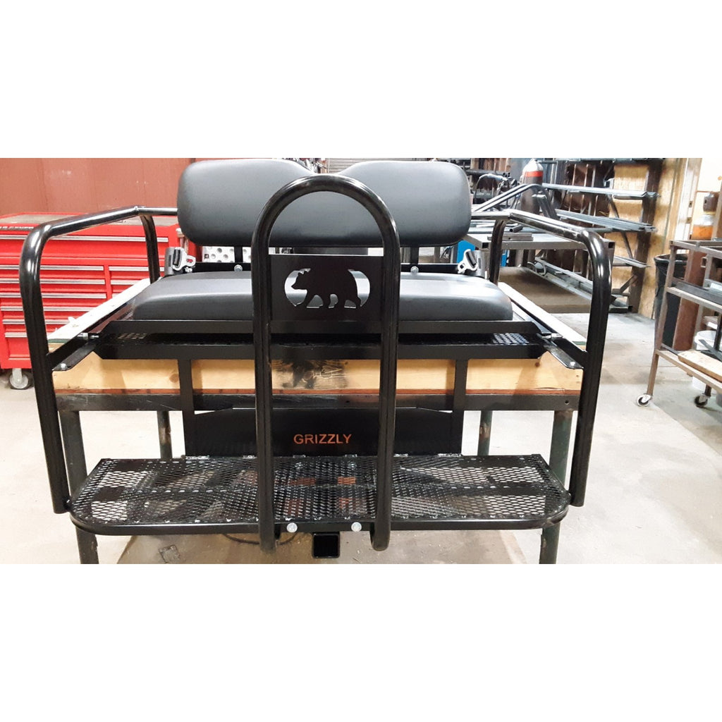 Honda Pioneer 500 CUSTOM REAR WELDED FLIP SEAT ASSEMBLY-USA -Raw Metal-Includes Grizzly's Amazing Heat Shield, Black Cushion Set; 13 GA Exp. Sheet Metal; Cargo Area-INSTANT TRANSFORMATION!-Options: Seat Belts, 2" Receiver, Grab Bar - Raw Metal Only!