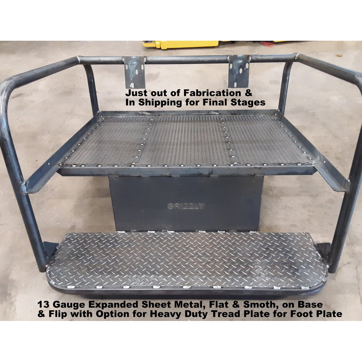 UNIVERSAL SIDE X SIDE REAR WELDED FLIP SEAT-w/Heat Shield; Creates Cargo Area Behind Seat. Fits STOCK REAR BED UTVs- Raw Metal, 2 sizes - MEDIUM & LARGE ONLY- Polaris Ranger XP 1000, John Deere Gator,  13 GA Exp. Sheet Metal - OPTIONS