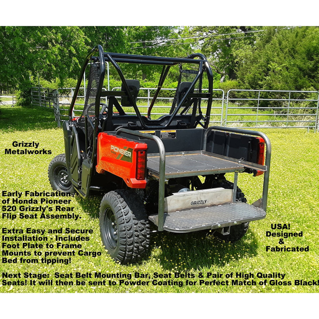 Honda Pioneer 520 REAR WELDED FLIP SEAT-Raw Metal-Includes High Quality Bucket Seats; 13 GA Exp. Sheet Metal; Cargo Area-INSTANTLY TRANSFORM YOUR 520 - 4 SEATER SIDE X SIDE- (cushion pattern color may vary)