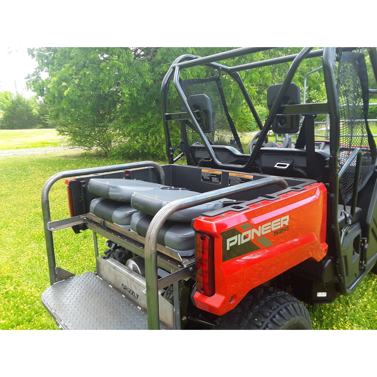 Honda Pioneer 520 REAR WELDED FLIP SEAT-Raw Metal-Includes High Quality Bucket Seats; 13 GA Exp. Sheet Metal; Cargo Area-INSTANTLY TRANSFORM YOUR 520 - 4 SEATER SIDE X SIDE- (cushion pattern color may vary)
