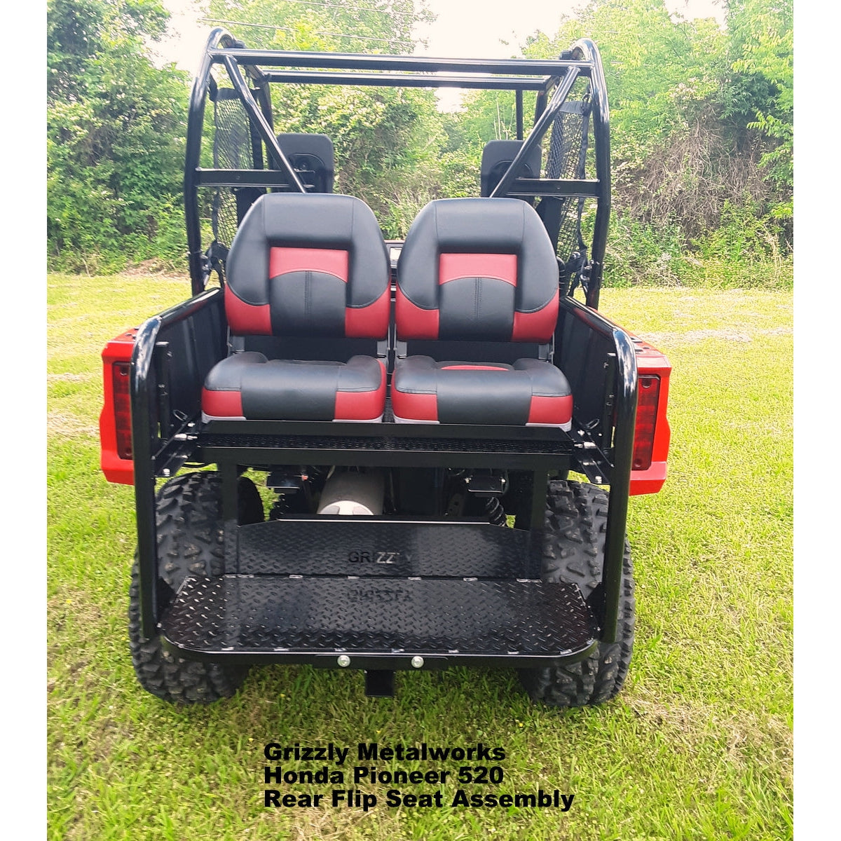 Honda Pioneer 520 REAR WELDED FLIP SEAT-Raw Metal-Includes High Quality Bucket Seats; 13 GA Exp. Sheet Metal; Cargo Area-INSTANTLY TRANSFORM YOUR 520 - 4 SEATER SIDE X SIDE- (cushion pattern color may vary)