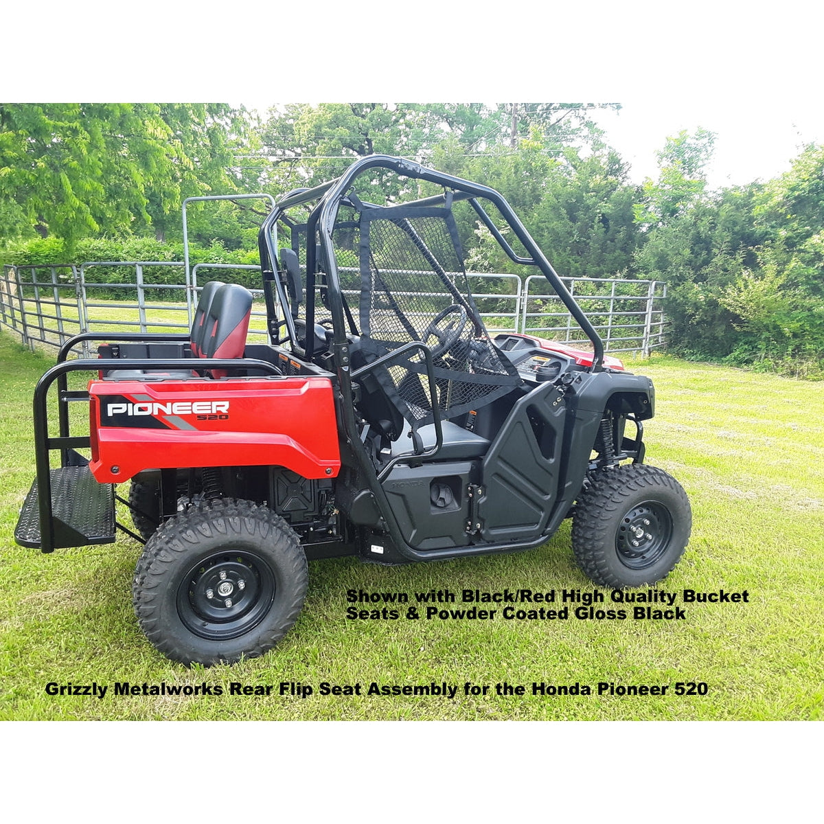 Honda Pioneer 520 REAR WELDED FLIP SEAT-Raw Metal-Includes High Quality Bucket Seats; 13 GA Exp. Sheet Metal; Cargo Area-INSTANTLY TRANSFORM YOUR 520 - 4 SEATER SIDE X SIDE- (cushion pattern color may vary)