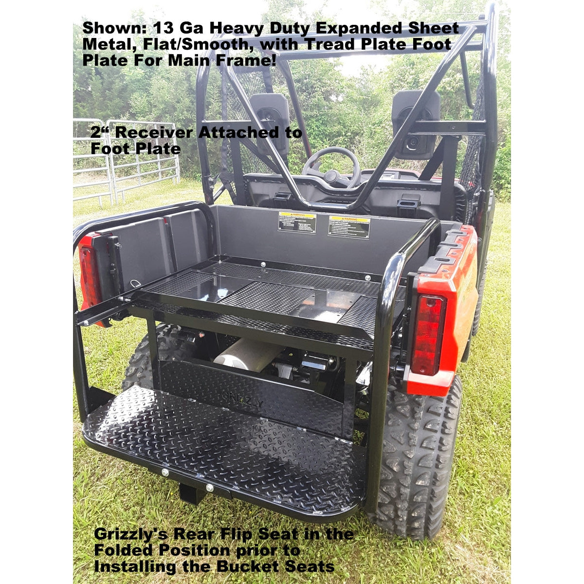 Honda Pioneer 520 REAR WELDED FLIP SEAT-Raw Metal-Includes High Quality Bucket Seats; 13 GA Exp. Sheet Metal; Cargo Area-INSTANTLY TRANSFORM YOUR 520 - 4 SEATER SIDE X SIDE- (cushion pattern color may vary)