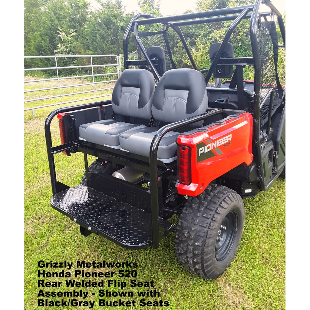 Honda Pioneer 520 REAR WELDED FLIP SEAT-Raw Metal-Includes High Quality Bucket Seats; 13 GA Exp. Sheet Metal; Cargo Area-INSTANTLY TRANSFORM YOUR 520 - 4 SEATER SIDE X SIDE- (cushion pattern color may vary)