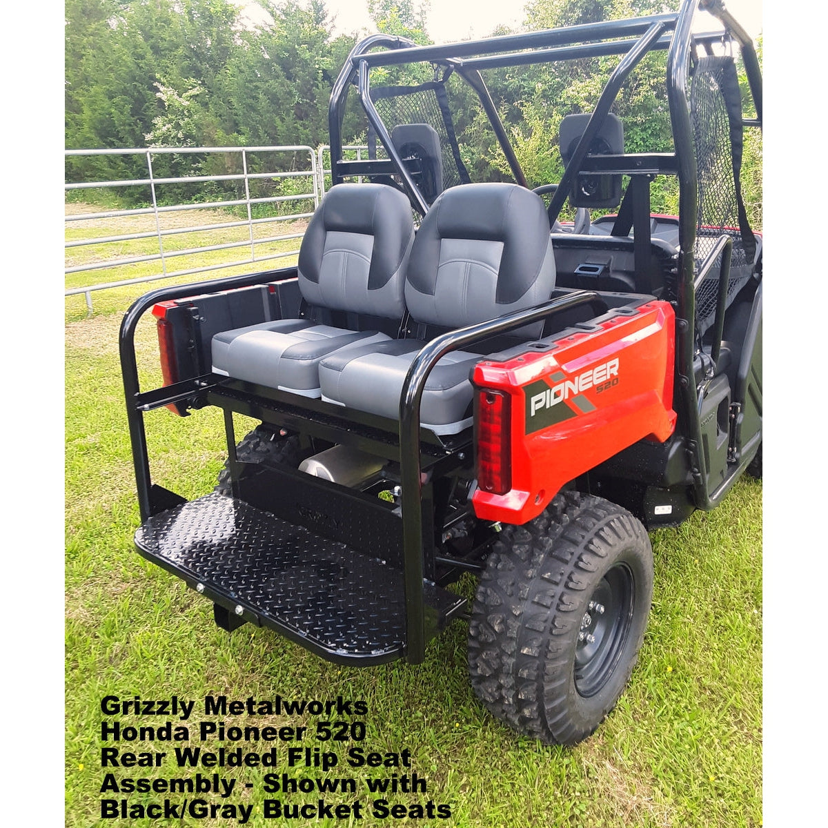 Honda Pioneer 520 REAR WELDED FLIP SEAT-Raw Metal-Includes High Quality Bucket Seats; 13 GA Exp. Sheet Metal; Cargo Area-INSTANTLY TRANSFORM YOUR 520 - 4 SEATER SIDE X SIDE- (cushion pattern color may vary)