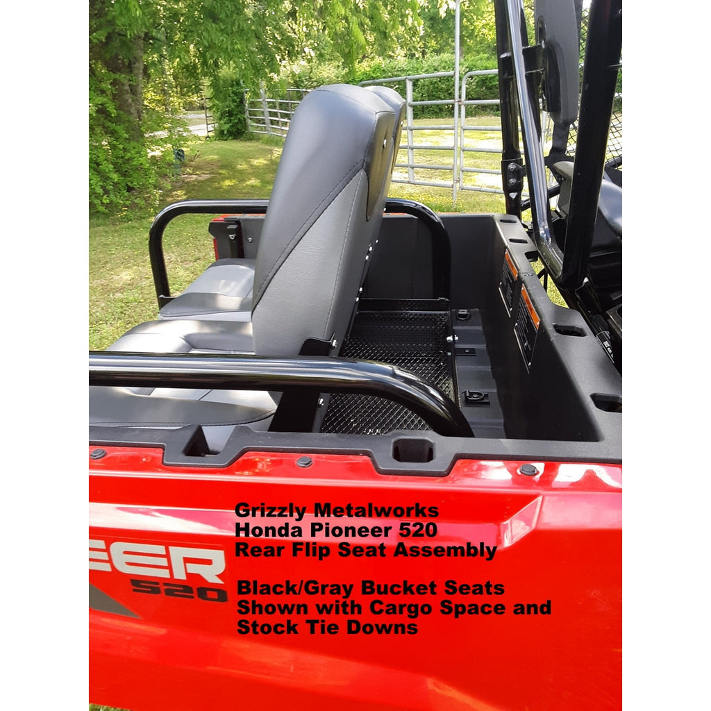 Honda Pioneer 520 REAR WELDED FLIP SEAT-Raw Metal-Includes High Quality Bucket Seats; 13 GA Exp. Sheet Metal; Cargo Area-INSTANTLY TRANSFORM YOUR 520 - 4 SEATER SIDE X SIDE- (cushion pattern color may vary)