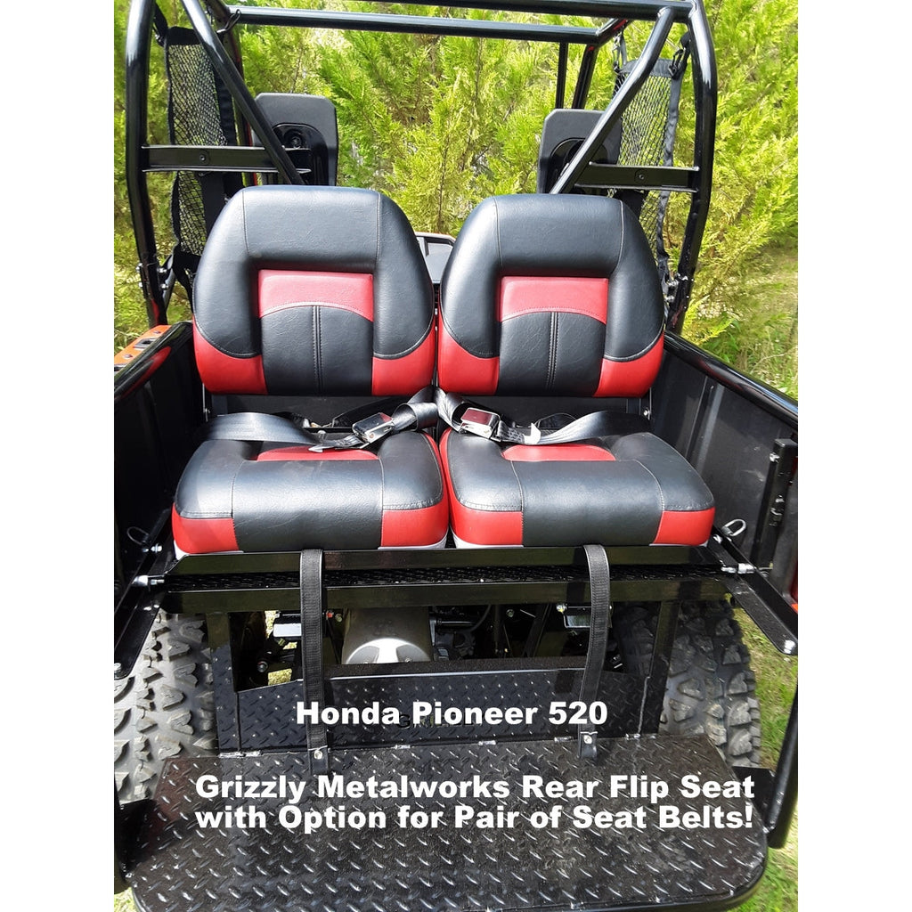 Honda Pioneer 520 REAR WELDED FLIP SEAT-Raw Metal-Includes High Quality Bucket Seats; 13 GA Exp. Sheet Metal; Cargo Area-INSTANTLY TRANSFORM YOUR 520 - 4 SEATER SIDE X SIDE- (cushion pattern color may vary)