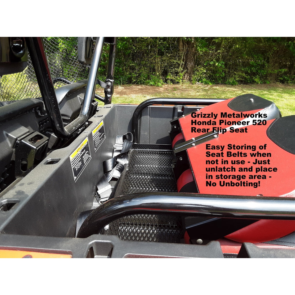 Honda Pioneer 520 REAR WELDED FLIP SEAT-Raw Metal-Includes High Quality Bucket Seats; 13 GA Exp. Sheet Metal; Cargo Area-INSTANTLY TRANSFORM YOUR 520 - 4 SEATER SIDE X SIDE- (cushion pattern color may vary)