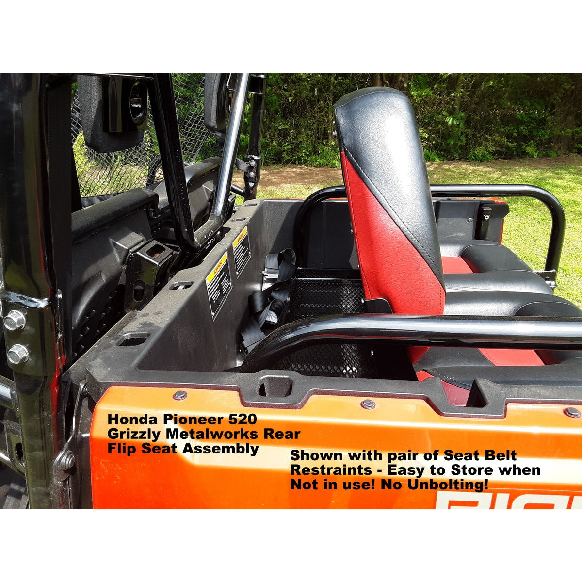 Honda Pioneer 520 REAR WELDED FLIP SEAT-Raw Metal-Includes High Quality Bucket Seats; 13 GA Exp. Sheet Metal; Cargo Area-INSTANTLY TRANSFORM YOUR 520 - 4 SEATER SIDE X SIDE- (cushion pattern color may vary)