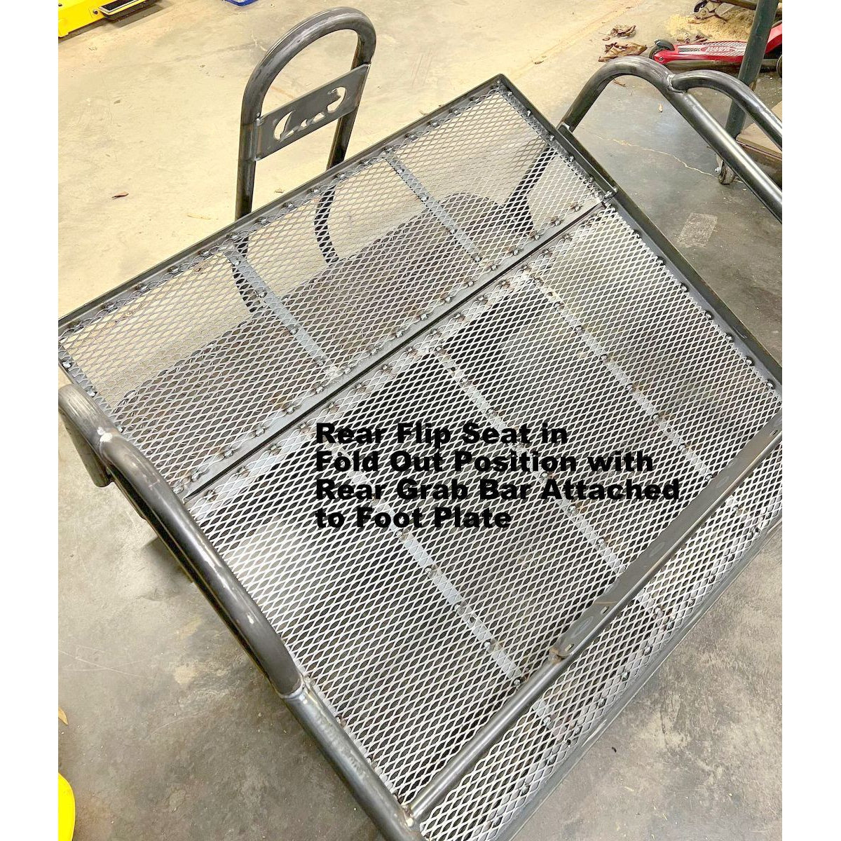 Honda Pioneer 1000-3 CUSTOM USA REAR WELDED FLIP SEAT ASSEMBLY Raw Metal, Includes Heat Shield - New Black Seat Cushion Set - 13 Ga Expanded Smooth Sheet Metal - ADD'L OPTIONS AVAILABLE Raw Metal Only