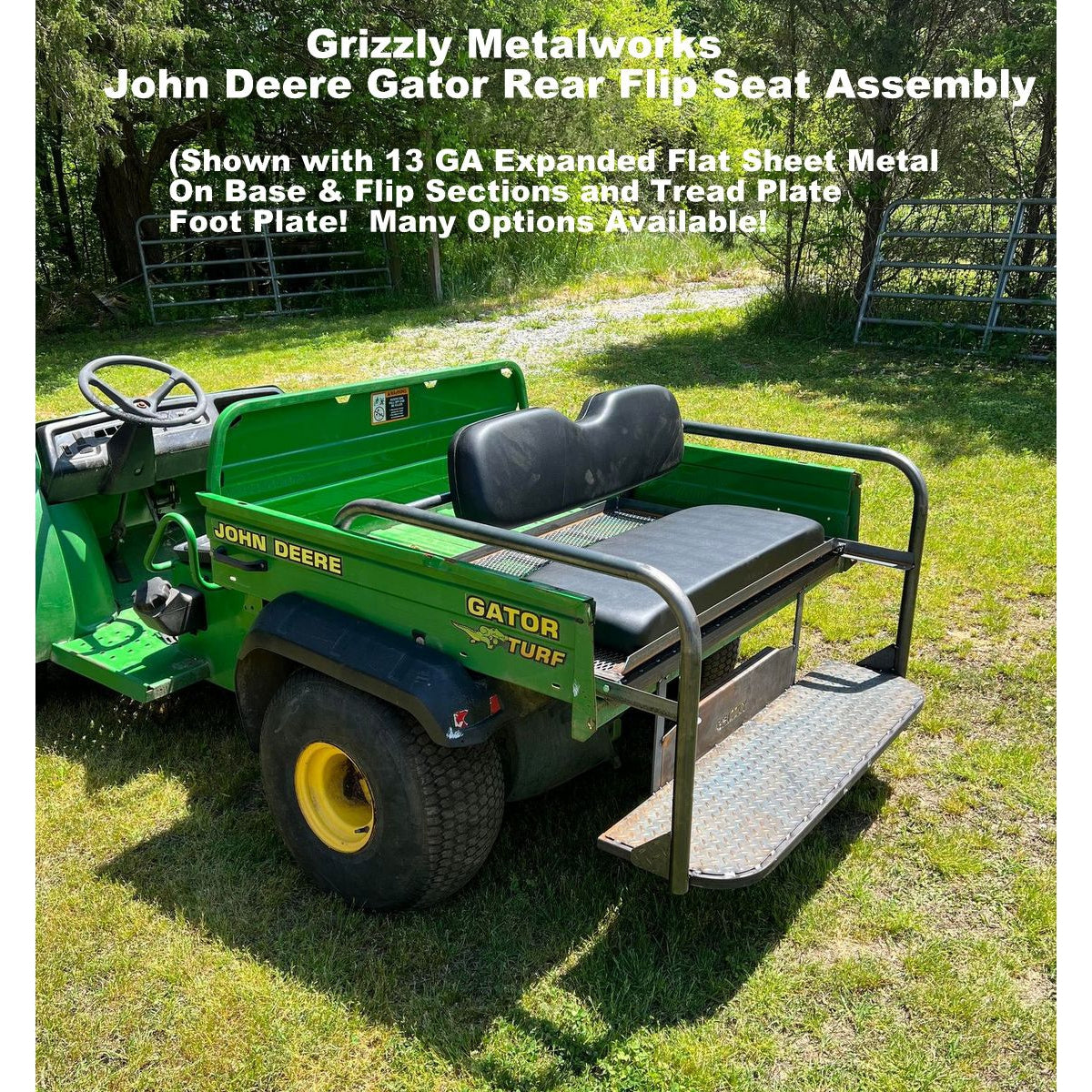 JOHN DEERE GATOR REAR WELDED FLIP SEAT ASSEMBLY- Raw Metal - 13 GA Expanded Sheet Metal Design ONLY!  Instant Transformation for your Gator to a Comfortable 4 Passenger! USA High Quality - Raw Metal Finish Only