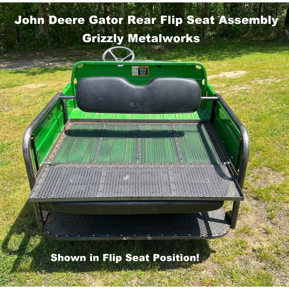 JOHN DEERE GATOR REAR WELDED FLIP SEAT ASSEMBLY- Raw Metal - 13 GA Expanded Sheet Metal Design ONLY!  Instant Transformation for your Gator to a Comfortable 4 Passenger! USA High Quality - Raw Metal Finish Only