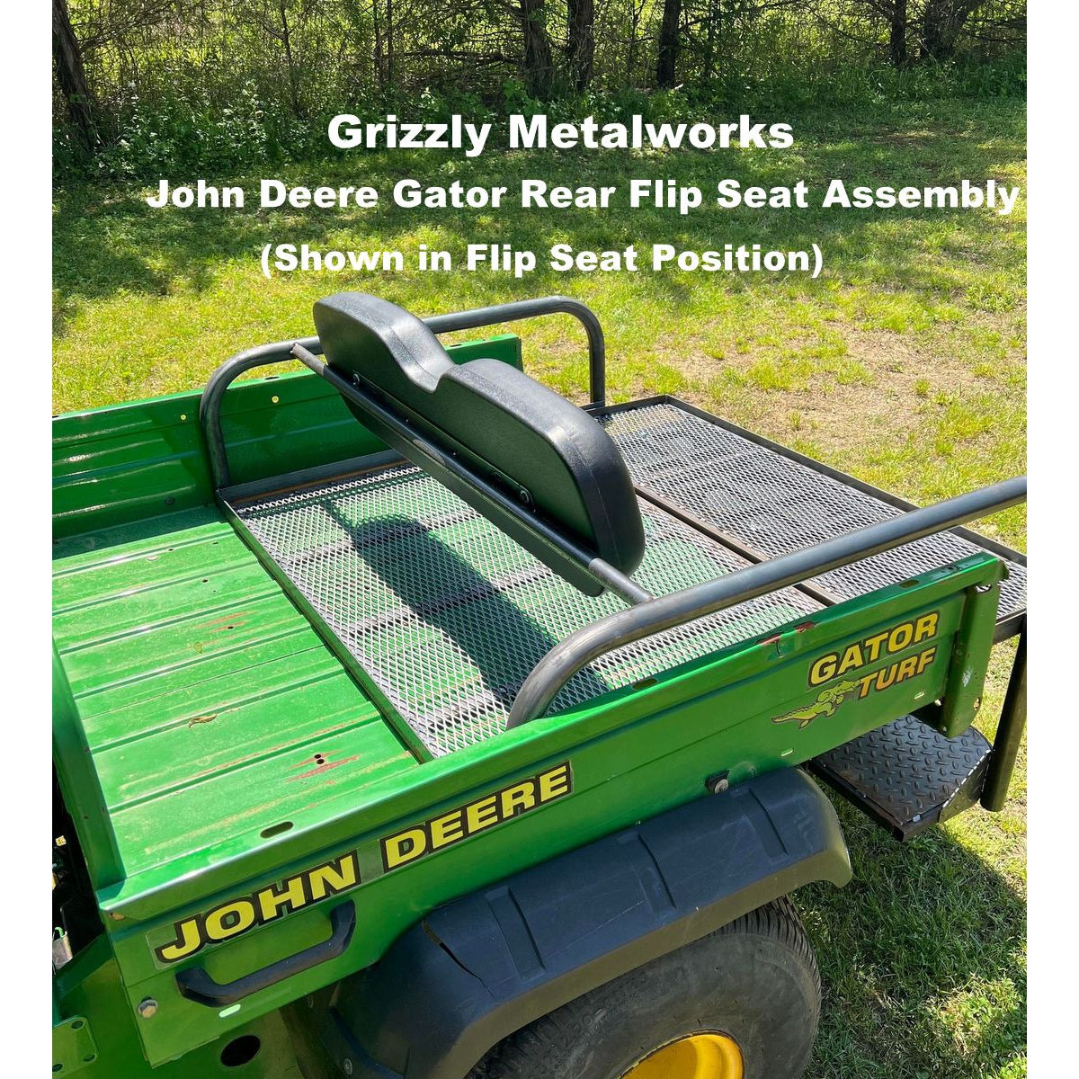JOHN DEERE GATOR REAR WELDED FLIP SEAT ASSEMBLY- Raw Metal - 13 GA Expanded Sheet Metal Design ONLY!  Instant Transformation for your Gator to a Comfortable 4 Passenger! USA High Quality - Raw Metal Finish Only