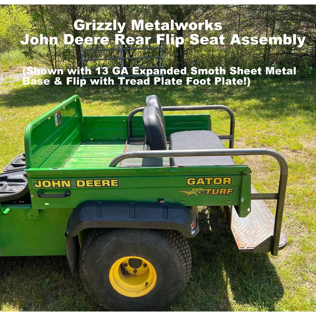 JOHN DEERE GATOR REAR WELDED FLIP SEAT ASSEMBLY- Raw Metal - 13 GA Expanded Sheet Metal Design ONLY!  Instant Transformation for your Gator to a Comfortable 4 Passenger! USA High Quality - Raw Metal Finish Only