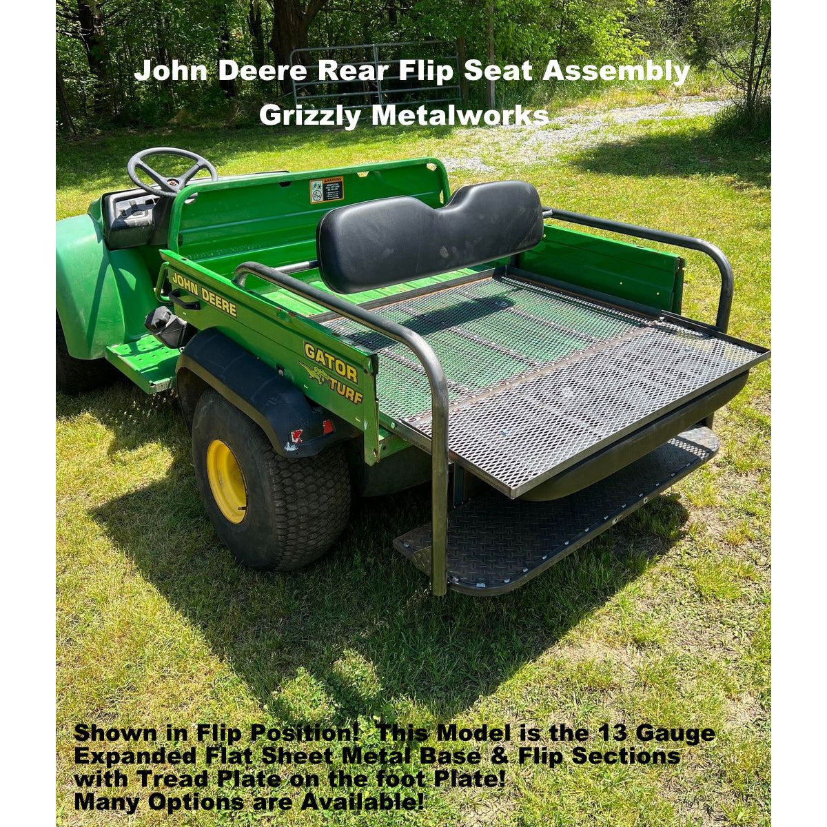 JOHN DEERE GATOR REAR WELDED FLIP SEAT ASSEMBLY- Raw Metal - 13 GA Expanded Sheet Metal Design ONLY!  Instant Transformation for your Gator to a Comfortable 4 Passenger! USA High Quality - Raw Metal Finish Only