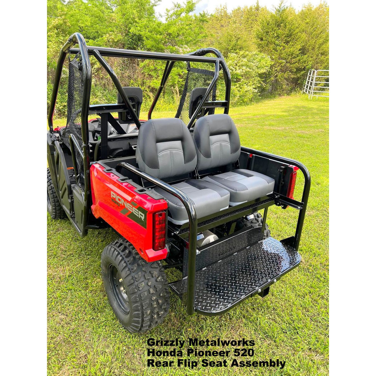 Honda Pioneer 520 REAR WELDED FLIP SEAT-Raw Metal-Includes High Quality Bucket Seats; 13 GA Exp. Sheet Metal; Cargo Area-INSTANTLY TRANSFORM YOUR 520 - 4 SEATER SIDE X SIDE- (cushion pattern color may vary)