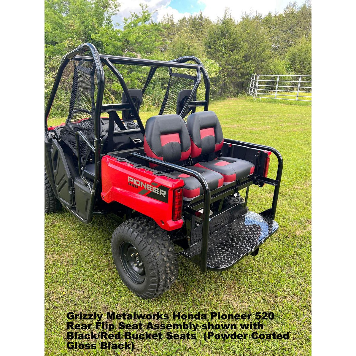 Honda Pioneer 520 REAR WELDED FLIP SEAT-Raw Metal-Includes High Quality Bucket Seats; 13 GA Exp. Sheet Metal; Cargo Area-INSTANTLY TRANSFORM YOUR 520 - 4 SEATER SIDE X SIDE- (cushion pattern color may vary)