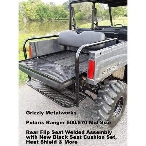 Polaris Ranger MID SIZE 500/570 CUSTOM USA REAR WELDED FLIP SEAT ASSEMBLY Raw Metal -13 GA Exp. Sheet Metal, Heavy Duty - Includes Rear Cargo/Gear Area & Heat Shield-OPTIONS: Seat Belts; Custom Heavy Duty 2" Receiver & More