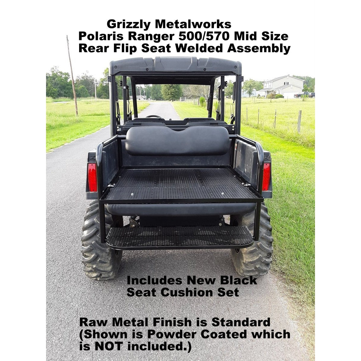 Polaris Ranger MID SIZE 500/570 CUSTOM USA REAR WELDED FLIP SEAT ASSEMBLY Raw Metal -13 GA Exp. Sheet Metal, Heavy Duty - Includes Rear Cargo/Gear Area & Heat Shield-OPTIONS: Seat Belts; Custom Heavy Duty 2" Receiver & More