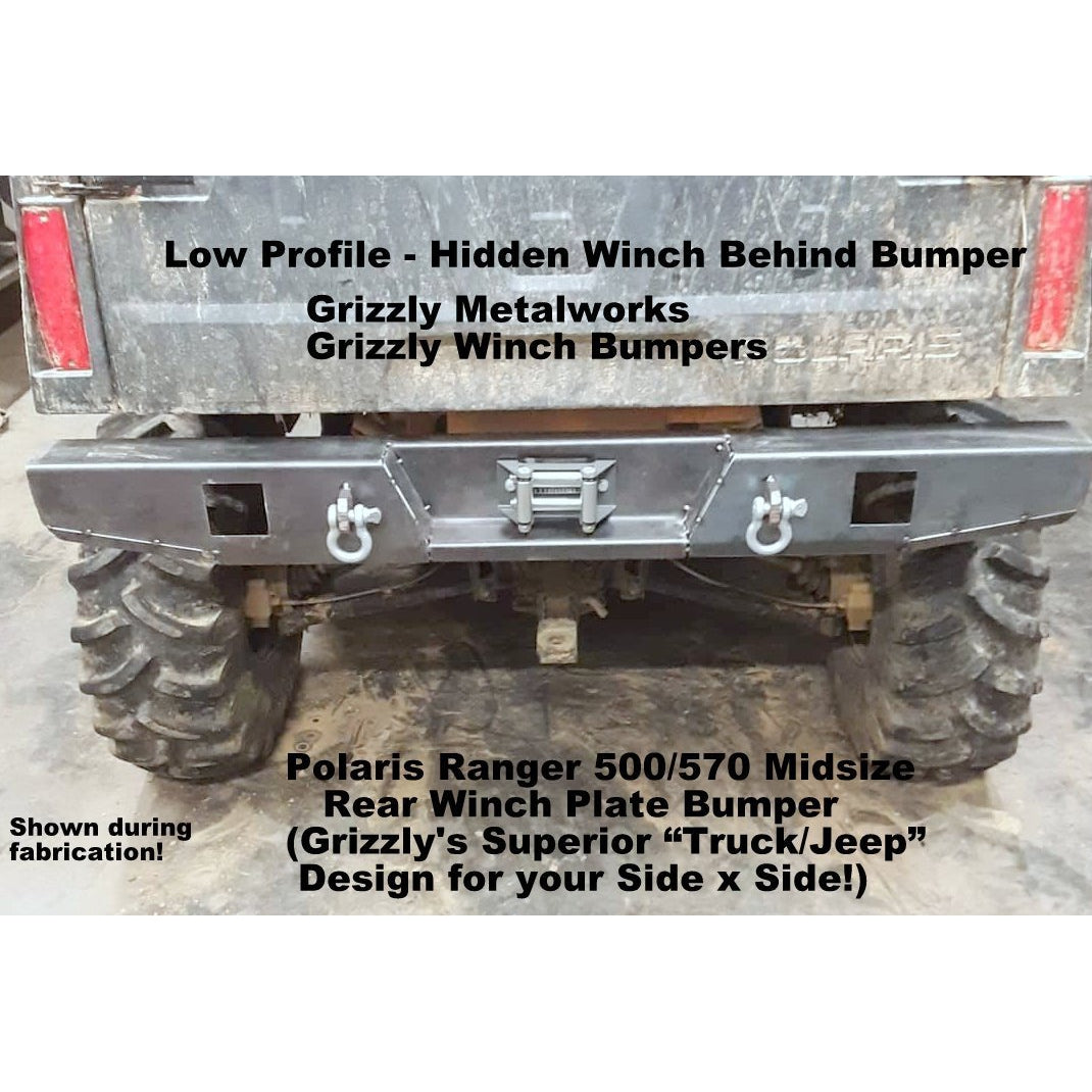 Polaris Ranger 500/570 Midsize Custom USA REAR WINCH PLATE BUMPER With Light Cut Outs & "D" Ring Mounts! Heavy Duty! -Raw Metal Finish