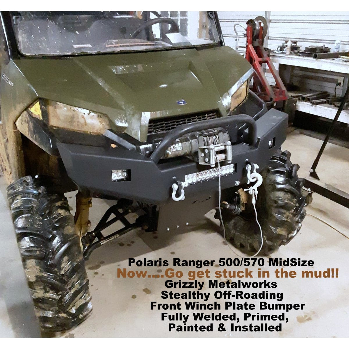 Polaris Ranger 500/570 Midsize CUSTOM USA FRONT WINCH PLATE BUMPER Brush Guard with Skid Plate W/Light Cut outs & "D" Ring Mounts