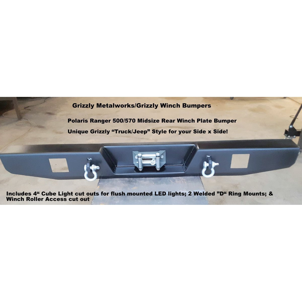 Polaris Ranger 500/570 Midsize Custom USA REAR WINCH PLATE BUMPER With Light Cut Outs & "D" Ring Mounts! Heavy Duty! -Raw Metal Finish