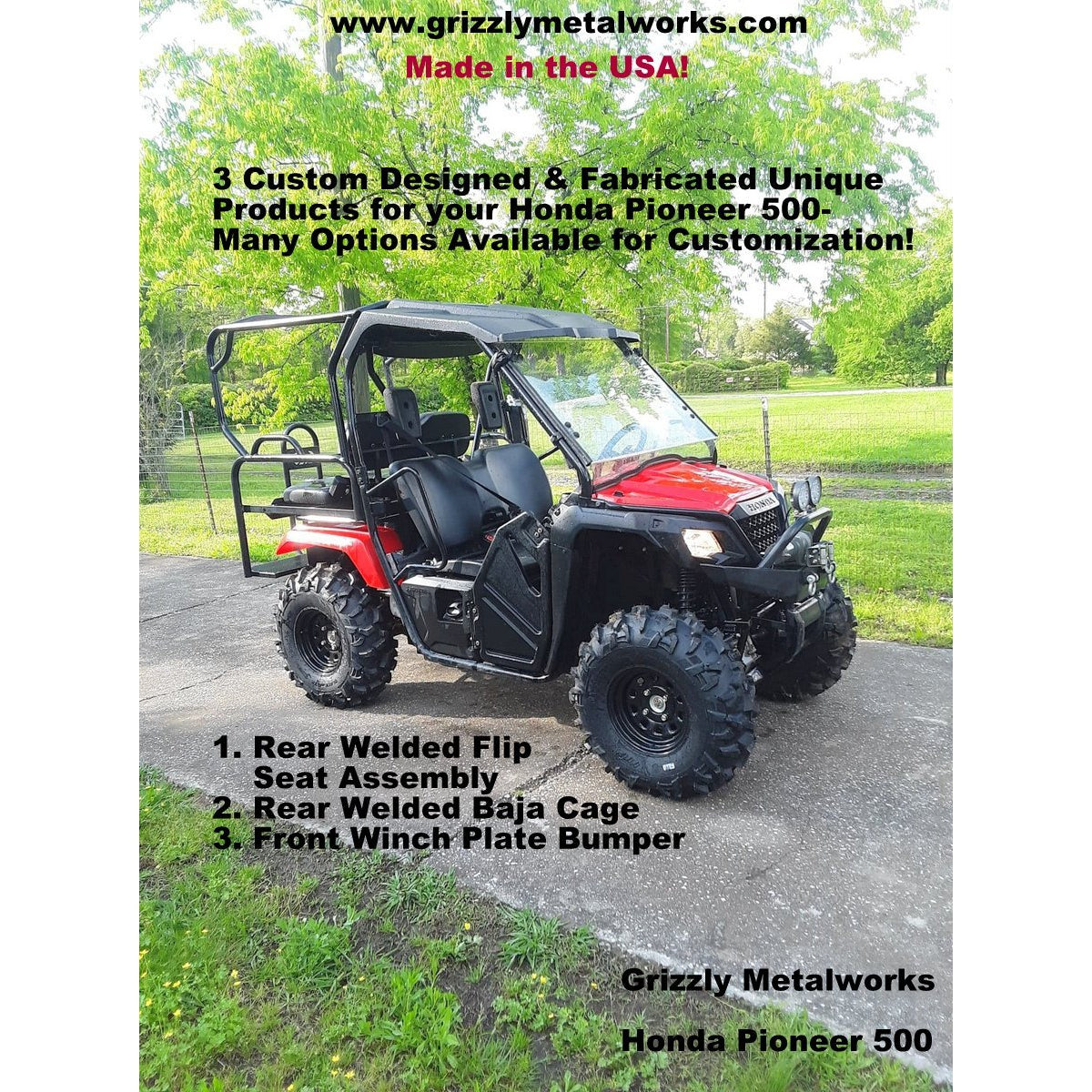 Honda Pioneer 500 CUSTOM EXCLUSIVE USA REAR WELDED FLIP SEAT ASSEMBLY WITH WELDED BAJA CAGE-W/Cargo Storage Area; Heat Shield, Black Cushion Set; Upper Grab Bars! 13 Ga Expanded Flat/Smooth Sheet Metal - Heavy Duty-Other Custom Options Available