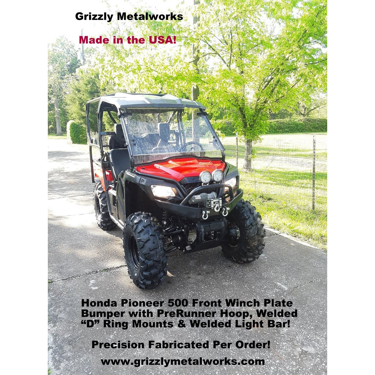 Honda Pioneer 500 CUSTOM USA FRONT WINCH PLATE BUMPER INCLUDES PreRunner Hoop; 2 "D" Ring Mounts & Welded Light Tab for Light Bar or Off Road Light Install-Price Includes Shipping-FedEx Ground-Lower 48 States - Raw Metal