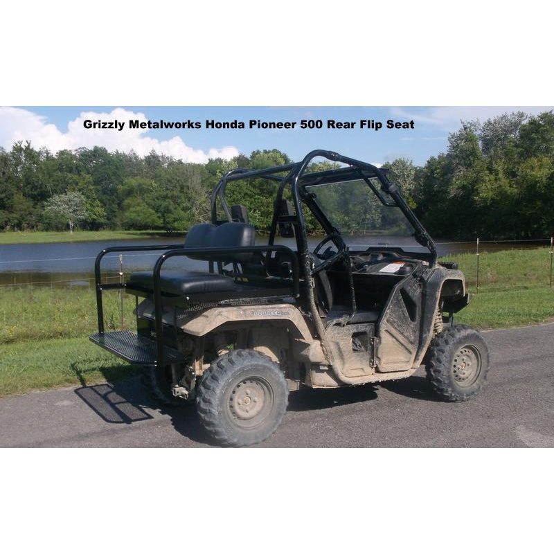 Honda Pioneer 500 CUSTOM REAR WELDED FLIP SEAT ASSEMBLY-USA -Raw Metal-Includes Grizzly's Amazing Heat Shield, Black Cushion Set; 13 GA Exp. Sheet Metal; Cargo Area-INSTANT TRANSFORMATION!-Options: Seat Belts, 2" Receiver, Grab Bar - Raw Metal Only!