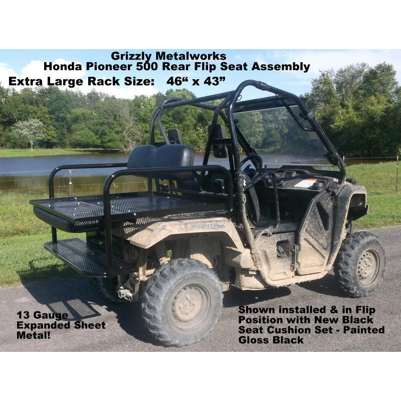 Honda Pioneer 500 CUSTOM REAR WELDED FLIP SEAT ASSEMBLY-USA -Raw Metal-Includes Grizzly's Amazing Heat Shield, Black Cushion Set; 13 GA Exp. Sheet Metal; Cargo Area-INSTANT TRANSFORMATION!-Options: Seat Belts, 2" Receiver, Grab Bar - Raw Metal Only!