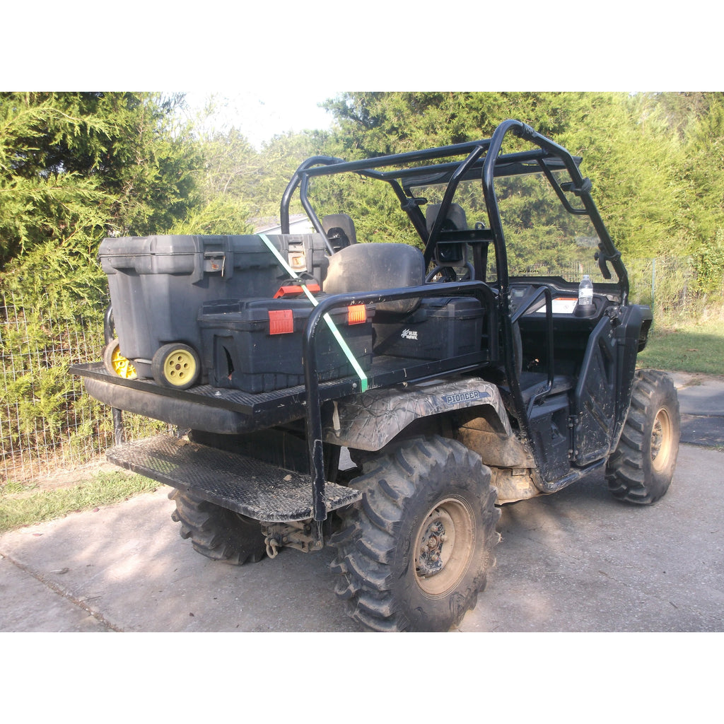 Honda Pioneer 500 CUSTOM REAR WELDED FLIP SEAT ASSEMBLY-USA -Raw Metal-Includes Grizzly's Amazing Heat Shield, Black Cushion Set; 13 GA Exp. Sheet Metal; Cargo Area-INSTANT TRANSFORMATION!-Options: Seat Belts, 2" Receiver, Grab Bar - Raw Metal Only!