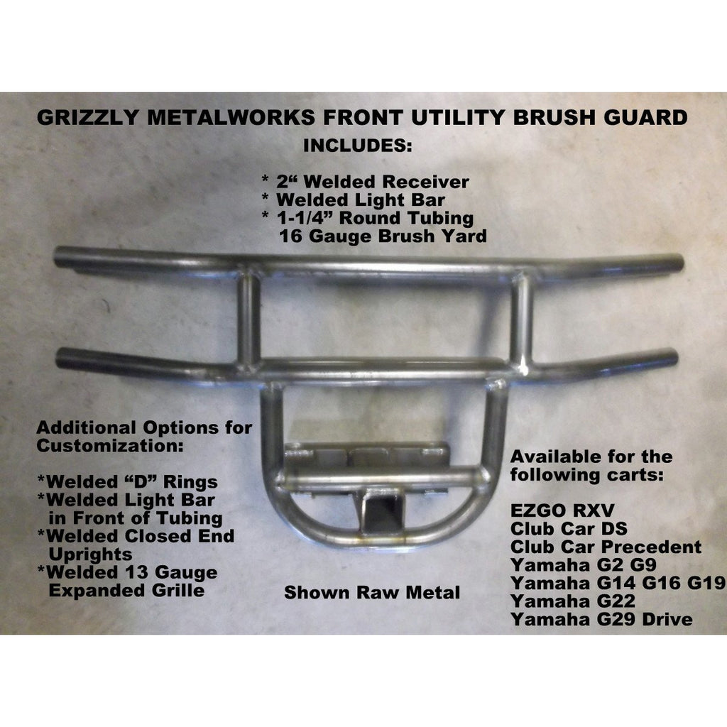 FRONT UTILITY BRUSH GUARDS for Golf Carts-Heavy Duty Design Includes Welded 2" Receiver & Welded Light Bar for Customer's Light Bar or Off Road Light Install; Plus Add'l Options - Includes FREE FEDEX Ground to Lower 48 States! MADE IN USA!