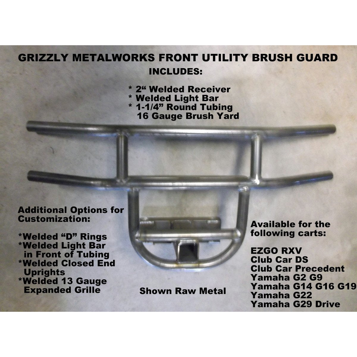 FRONT UTILITY BRUSH GUARDS for Golf Carts-Heavy Duty Design Includes Welded 2" Receiver & Welded Light Bar for Customer's Light Bar or Off Road Light Install; Plus Add'l Options - Includes FREE FEDEX Ground to Lower 48 States! MADE IN USA!