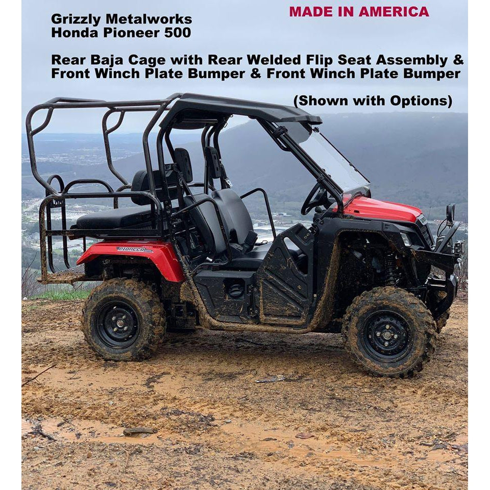 Honda Pioneer 500 CUSTOM EXCLUSIVE USA REAR WELDED FLIP SEAT ASSEMBLY WITH WELDED BAJA CAGE-W/Cargo Storage Area; Heat Shield, Black Cushion Set; Upper Grab Bars! 13 Ga Expanded Flat/Smooth Sheet Metal - Heavy Duty-Other Custom Options Available